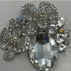 New Rhinestone Beaded Filigree Cut Brooch Pin Silver Tone 2" x 2"